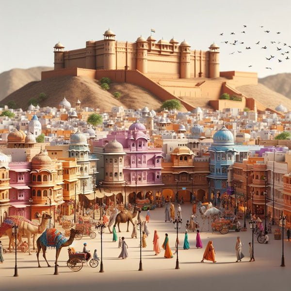 image of jaipur showing fort and camel and people