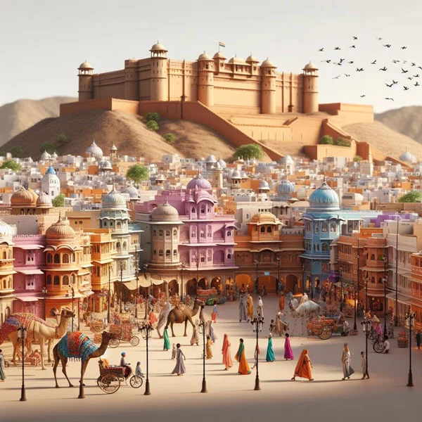 image of jaipur showing fort and camel and people